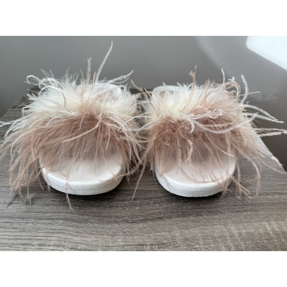 Seychelles In Your Cap Slide Sandal Sz 7 Blush Pink & White Feathers Open Toe - Picture 4 of 7